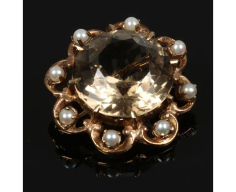 A 9ct gold citrine and pearl brooch.