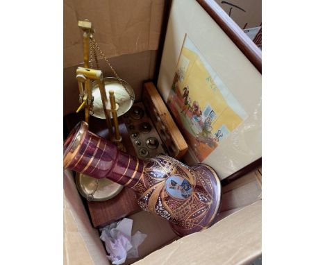 Scientific set of scales with boxed weights, a humorous picture and a hand painted decanter / vase. 