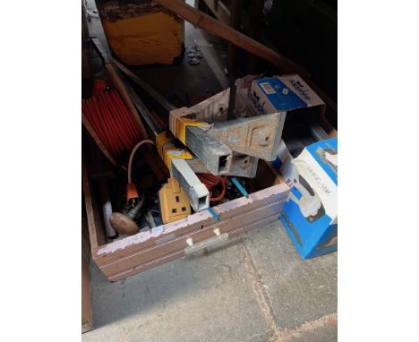 A box of tools, cable reel, roof bars, 2 pasting tables and a battery powered hedge and edge trimmer. 
