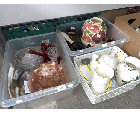 Three boxes of assorted ceramic and glass including Wedgwood, cranberry glass etc. 