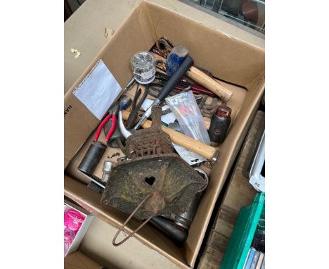 A box of tools including drive impact sockets, drive ratchet, ratchet spanners, copper &amp; hide mallet, club hammer, ball &