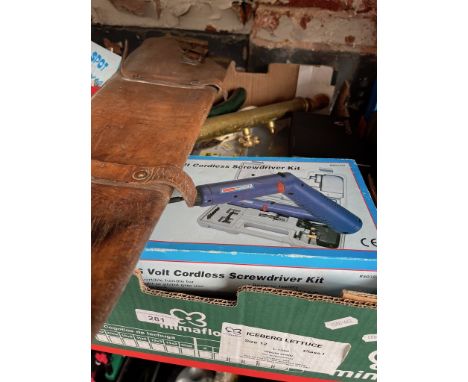 Various tools including Gardasil Laser pointer, cordless screwdriver kit, brass sprayer and vintage saw in leather case 