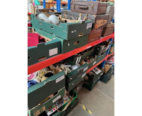 Three shelves of misc items including 17 boxes china, glass, metalware, books (4 boxes), ornaments, records, vintage wicker p