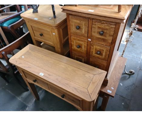 A modern light oak side table with drawers, an oak coffee table, an inlaid hardwood chest of drawers and a light oak side tab