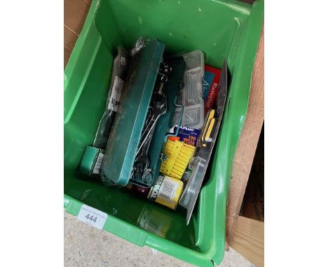 A box of tools to include spanners, sockets, two sets of ladders, one aluminium and one steel and a Haemmerlin wheelbarrow 