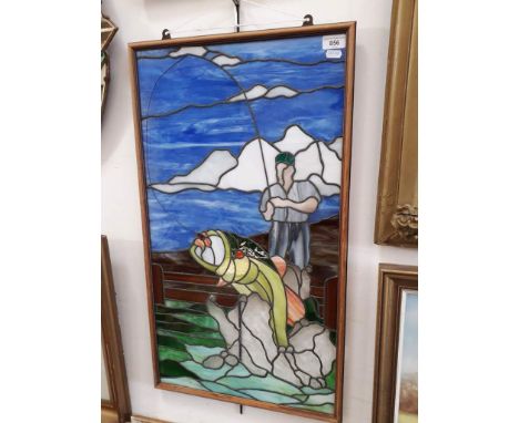 A leaded glass panel depicting fisherman, 39.5cm x 72cm, framed. 