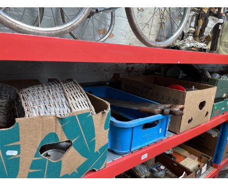 14 boxes and 1 basket of misc including glass, pottery, tools, wicker baskets, china, Wedgwood, Aynsley, silver plated, metal