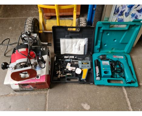 Various tools to include electric router, a cased Makita drill and a soldering iron kit / set.