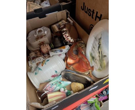 A box of china and collectables including Chinese doll and cheese dome, a box of china and collectables including Sylvac and 