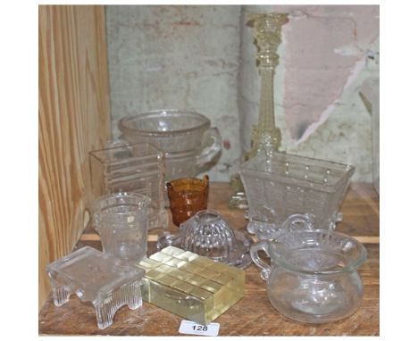 Assorted glass including a colliery cart, an Eiffel Tower candlestick, a horse shoe ink well, chest of drawers etc.