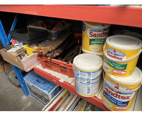 4 boxes of misc tools, garage items, wood saws, hardware, etc, 6 tins of masonry paint, 2 bottles of turpentine substitute, S