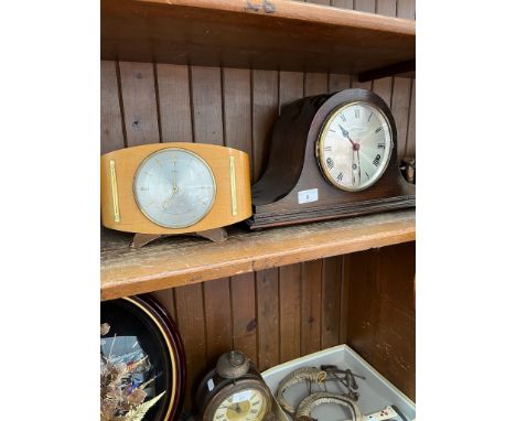 A domed oak cased striking mantel clock, length 41.5cm and a vintage Metamec mantel clock. 