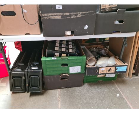 4 boxes and a metal toolbox of various tools and hardware and 2 ammo empty boxes