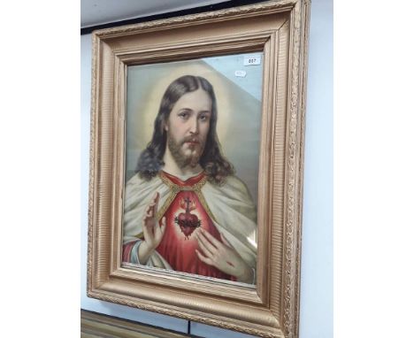 Late 19th/ early 20th century religeous print on canvas, 'Sacred Heart of Jesus', 36cm x 51cm, printed in Germany, glazed and