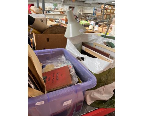 A box of assorted stamps, a bag of Queen Elizabeth ephemera and an angle lamp. 