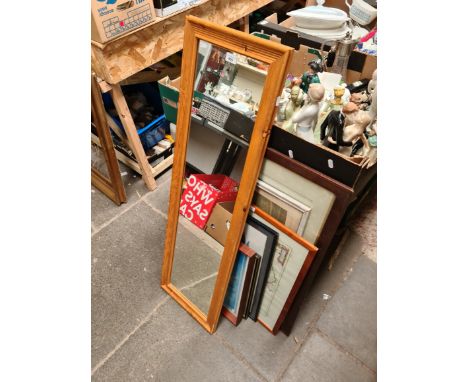 Various pictures, prints and a pine framed mirror. 