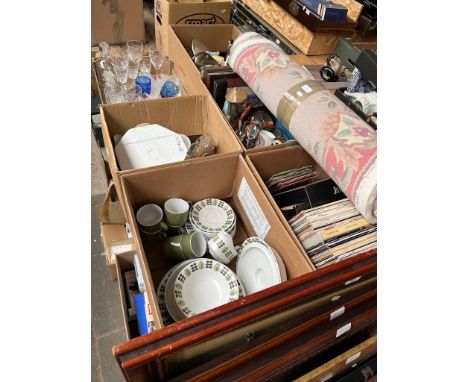 6 boxes of ceramics, glassware, paraffin lamp with shade and funnel, pictures, ornaments, cutlery, a rug, LPs, 45s, etc and 2
