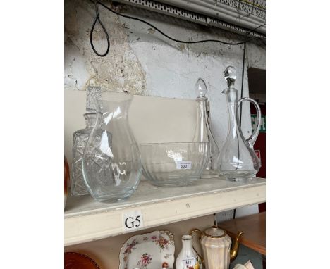 5 pieces of glass to include decanter, 2 wine carafes, vase and bowl 