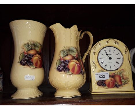 Aynsley 'Orchard Gold' vase &amp; jug, each approx 20cm and a mantle clock