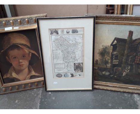 A 19th century oil on canvas, a mid 20th century print after Thomas Sully and a framed map of Derbyshire. 