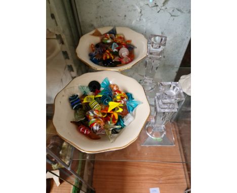 2 ceramic tazzas containing glass sweets, and a pair of Galway glass candlesticks