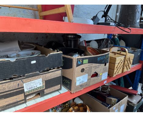 5 boxes of miscellaneous pottery, metalware, ornaments to include Poole, champagne bucket, Wedgwood pottery, etc and a cantil