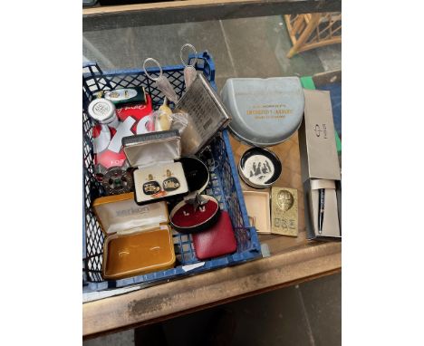 A box of collectables to include Oxo tin, paperweight, Parker pen, cigarette case and lighter, cuff-links, etc. 