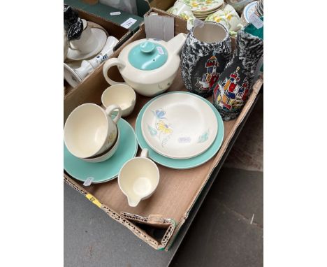 A Poole pottery part tea set and two San Marino vases. 