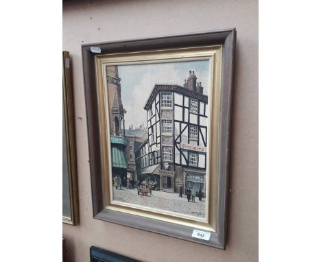 20th century school, oil on board, street scene 'Old Sambles, Victoria Street, Manchester', 24.5cm x 34.5cm, signed 'J. R. Mc