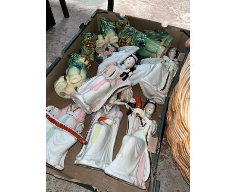 A box of oriental figures including ceramic Dogs of Fo 