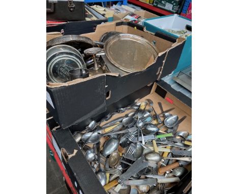 A box of silver plate and a box of flatware. 