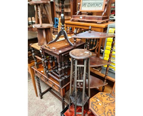 A vintage metal coffee table, a nest of tables, an oak tray with handles, a tripod table with copper top, a plant stand, a co