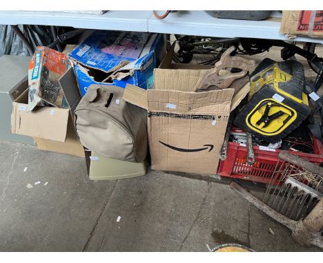 4 boxes of tools, power tools, compressor, saws, garageware, battery charger, projector, etc. 
