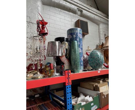 A multicoloured ceiling light fitting, mosaic style table lamps, ceramic stick stand, a copper style umbrella stand in shape 