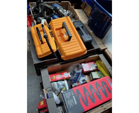 3 boxes and 2 plastic toolboxes of various tools to include router, drills, sanders, automobile parts, etc and a box of bath 