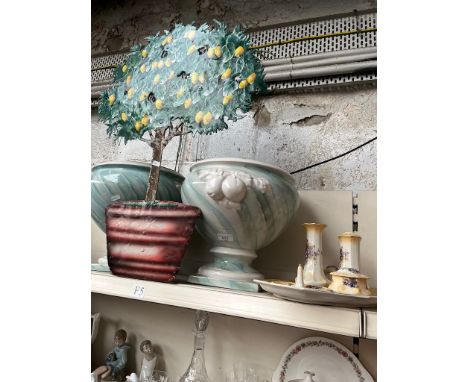 A pair of large ceramic planters, a vintage dressing table set, and a metal ornament in the shape of a lemon tree 