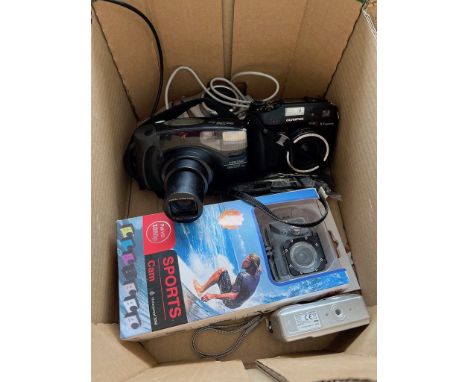 A box of cameras to include Olympus C-5060, a boxed sports camera and others. 