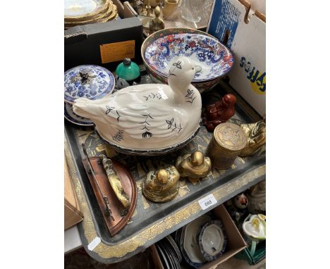 A metal tray with Egyptian images, various pieces of brassware, oriental bowl, ceramic dish with duck lid etc 