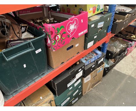 12 boxes of misc including tools, garageware, lamps, hardware, porcelain, glassware, ornaments, ceramics, games, pictures, et