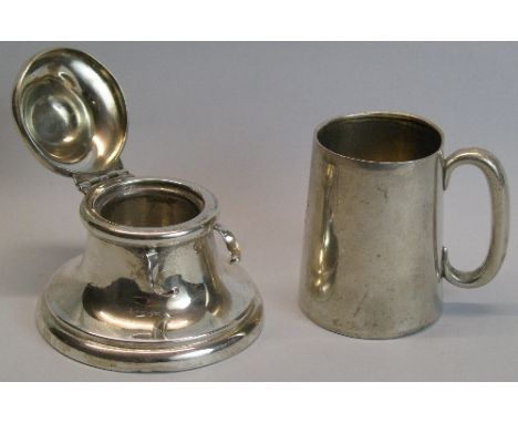 An Edwardian inkwell, of tapering form with ball finial on hinged domed lid, wire pen rest and circular spreading base, 8.5cm