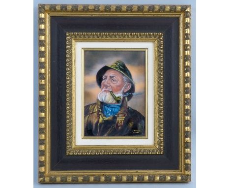 A 20th Century Limoges enamel plaque, head and shoulder portrait of a fisherman wearing a sowester and smoking a pipe, signed