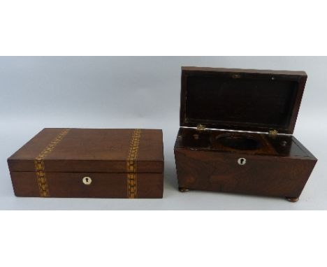 A 19th Century rosewood tea caddy, of sarcophagus form, the hinged lid opening to reveal a fitted interior of two tea compart