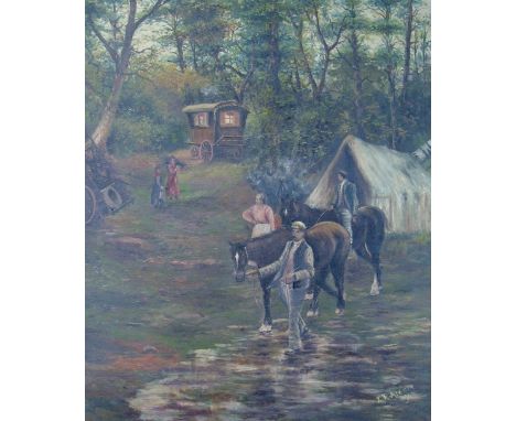 J R Atkinson (late 19th/early 20th Century), gypsy encampment in trees with Romany caravan, figures and horses, signed oil da