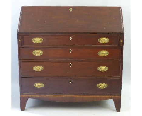 A 19th Century mahogany bureau, with satinwood banding, the fall front opening to reveal fitted interior with pigeon holes, d