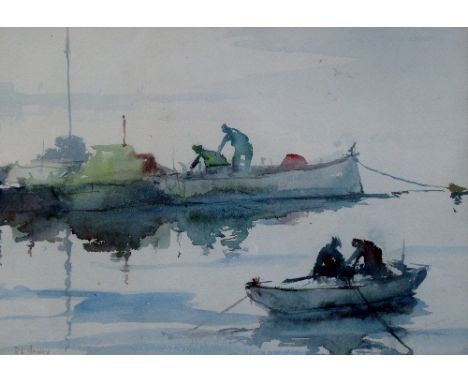 R L Howey (20th Century), moored rowing boats with figures, signed watercolour, 23.5cm x 34cm, gilt frame