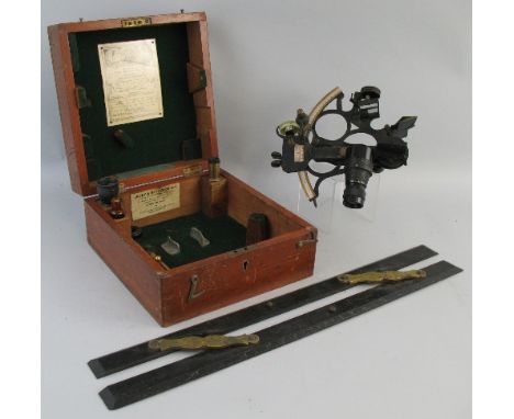 A World War II period Husun sextant by Henry Hughes & Son Limited, with crackled black lacquer frame, 15cm radius illuminated