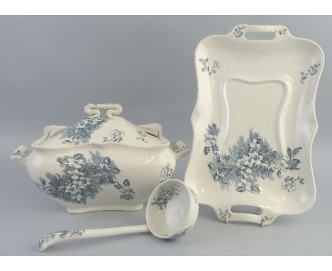 A George Jones Crescent Ware soup tureen, in the "Colony" pattern of bulbous two handled form with domed lid, two handled sta