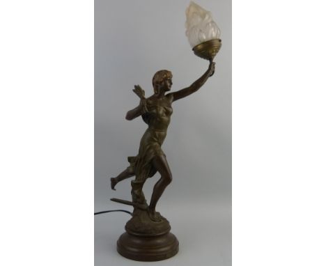 After J - B Germain, a Victorian bronzed and green patinated spelter table lamp, entitled "Pax", depicting a classical style 
