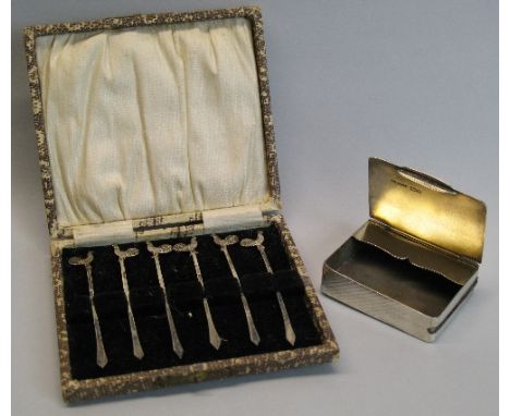 A cased set of six cocktail sticks, of tapering form with moulded cockerel finial, 8cm long, Sheffield 1929, 0.47ozs, togethe