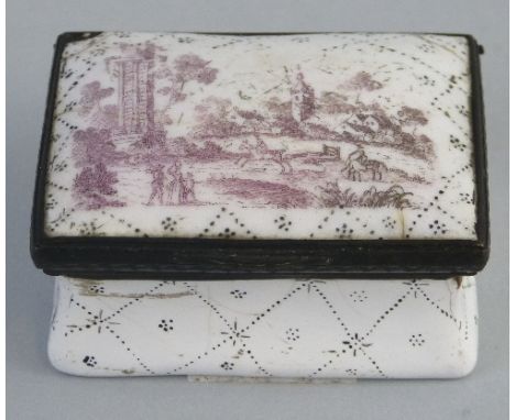 A 19th Century enamel snuff box, of oblong form with concave sides, the white enamelled lid transfer printed with a landscape
